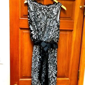 Tadashi Shoki black and silver lace cocktail dress. Size 8.